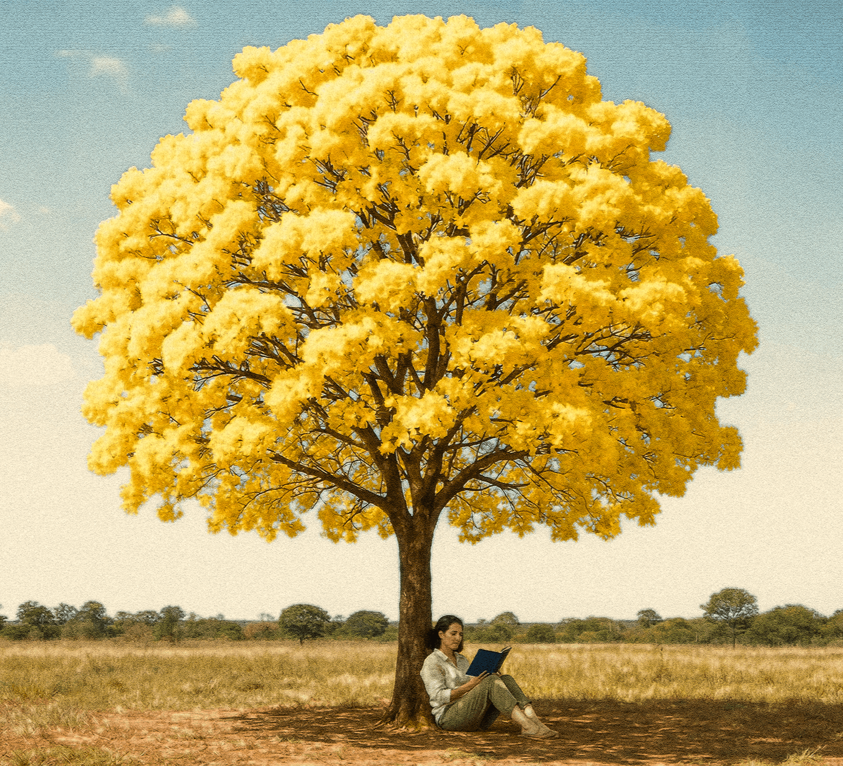 Um ipê-amarelo em flor no Cerrado goiano.