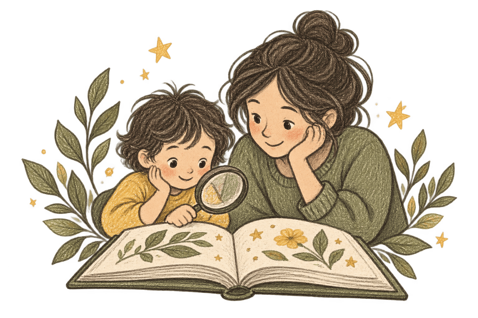 Ilustração manual de uma criança e uma adulta olhando um livro com uma lupa.