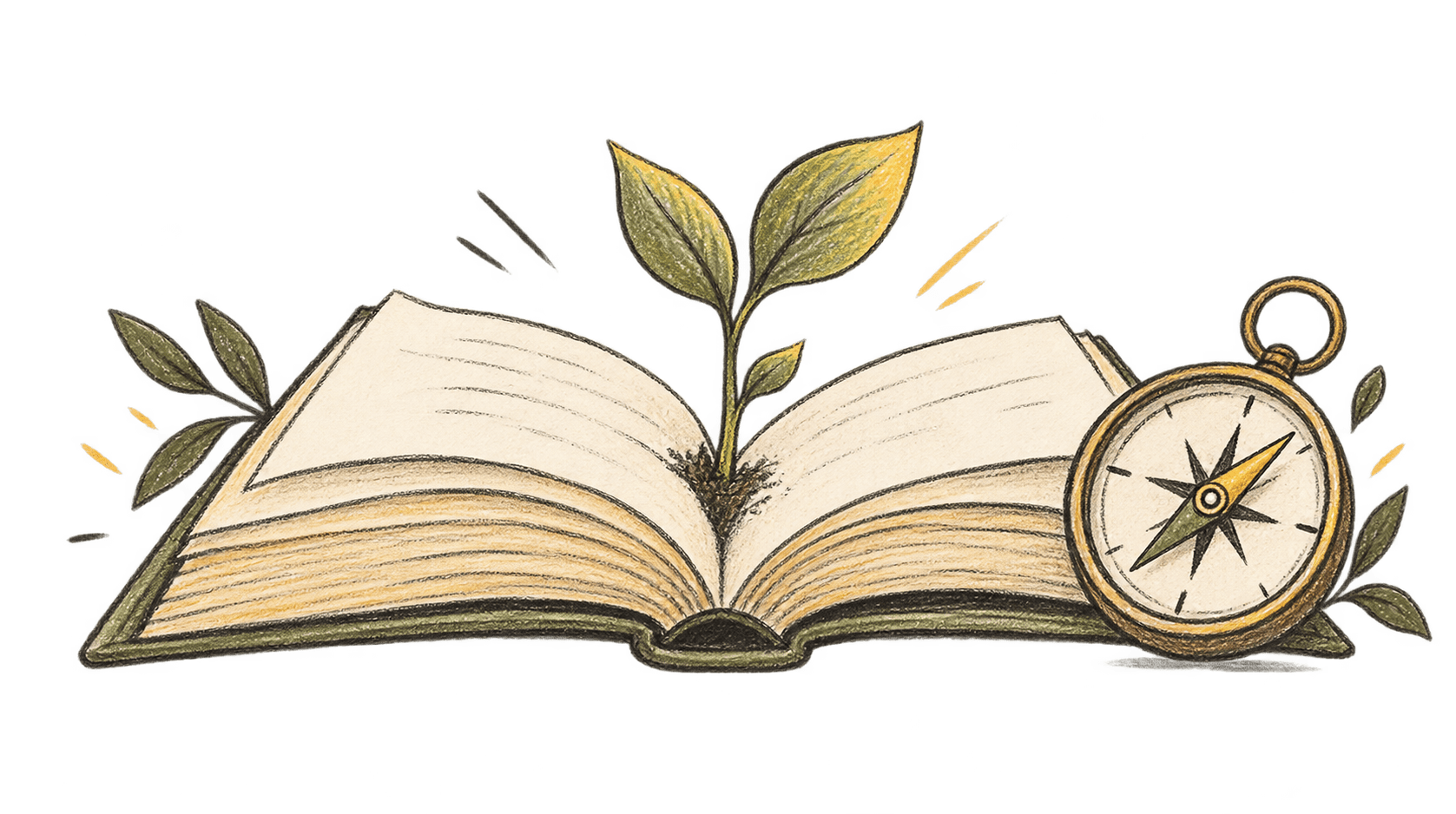 Ilustração manual de um livro aberto com uma semente e uma bússola.