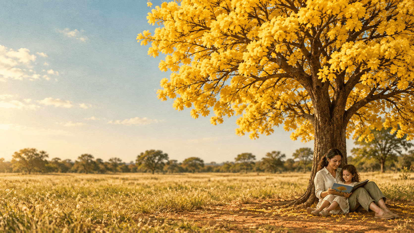 Uma mulher lê com uma criança à sombra de um ipê-amarelo no Cerrado.
