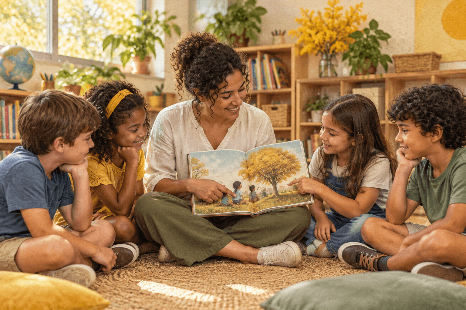 Ambiente de leitura com livros e crianças.