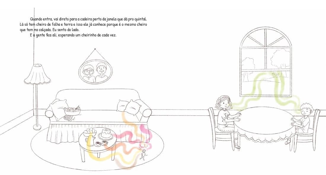 Prévia em página dupla do livro: ilustração linear de crianças conversando ao redor de uma mesa, com cores que representam emoções.