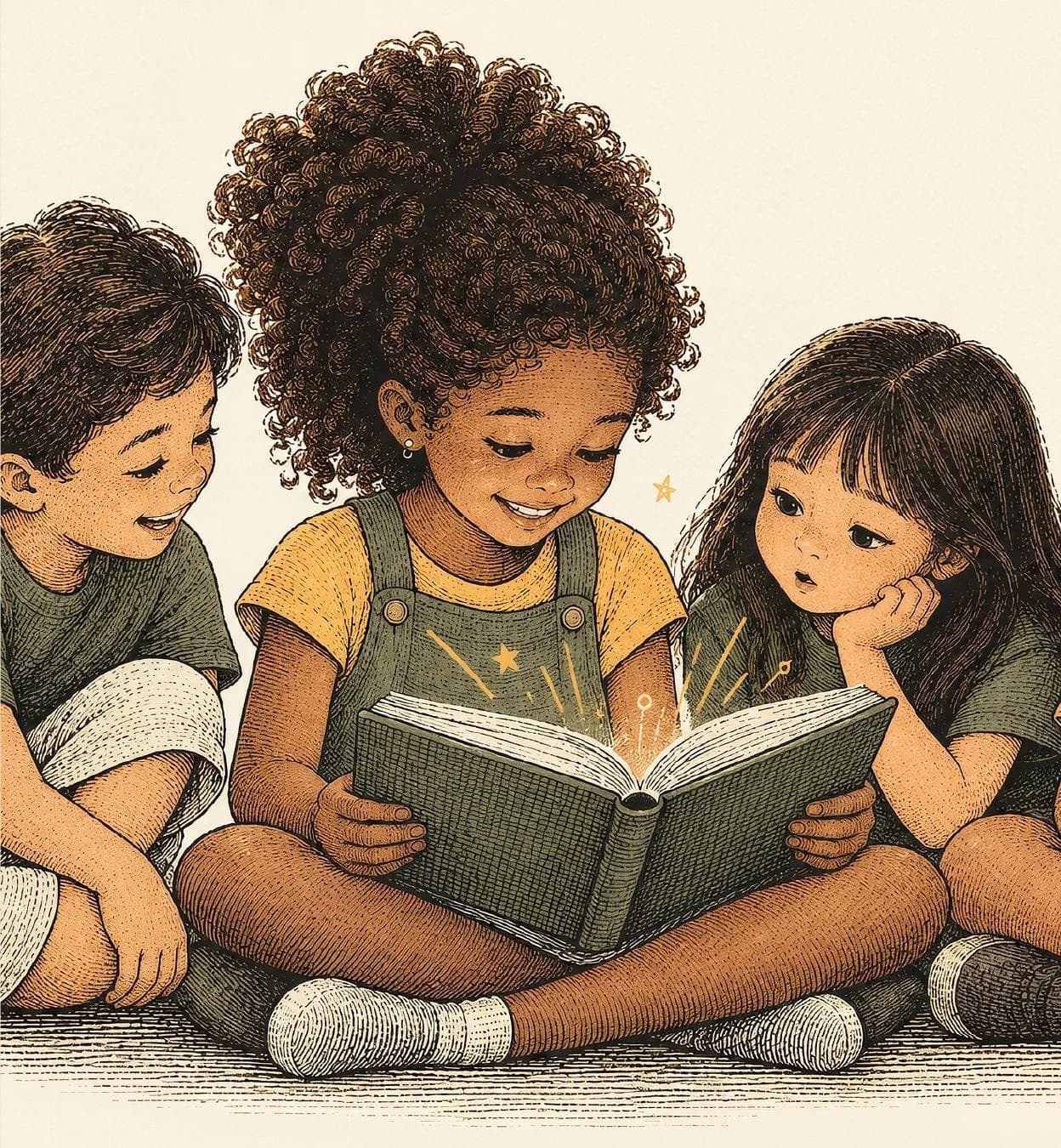 Três crianças leem juntas em uma ilustração de linhas detalhadas e cores quentes.
