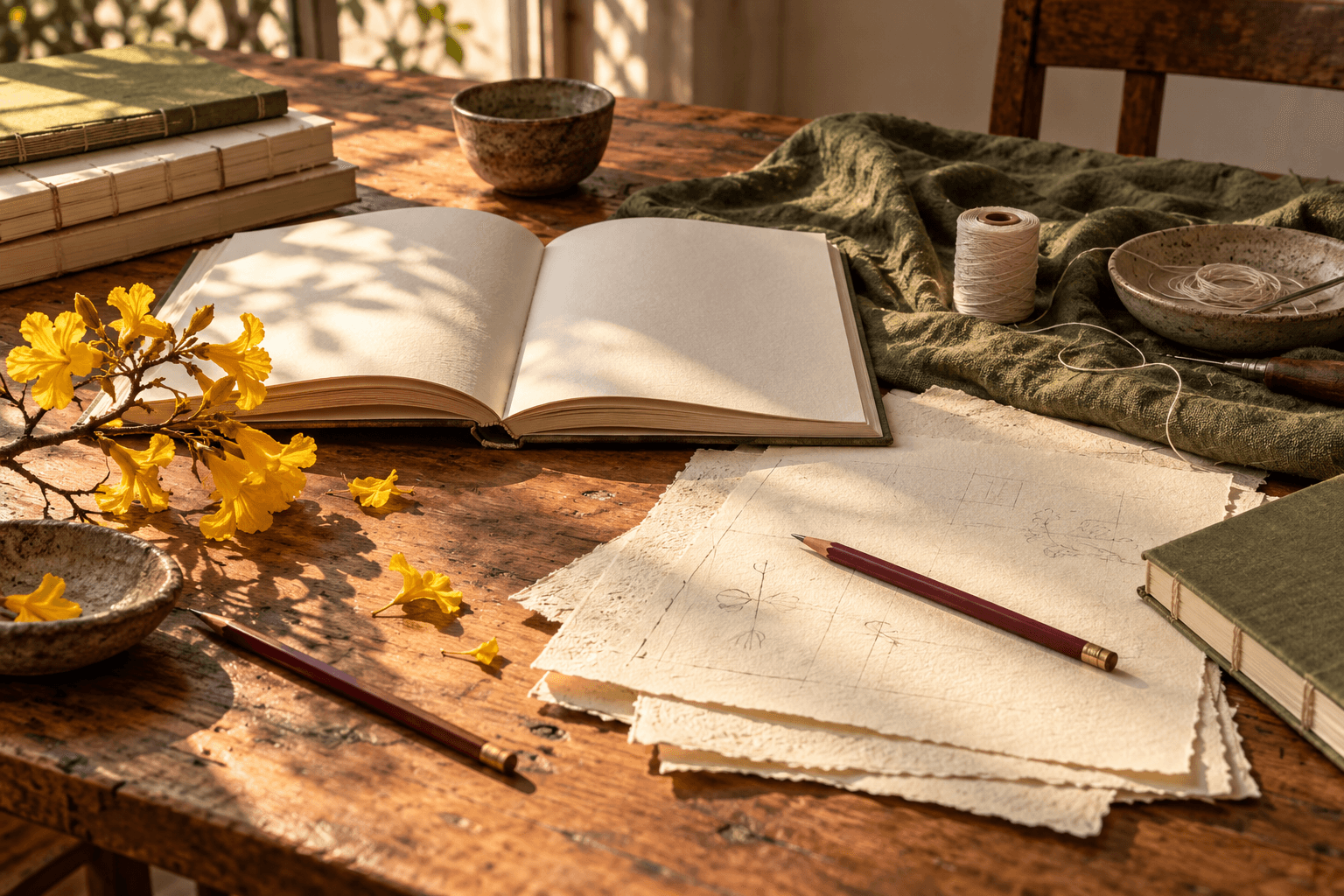 Composição editorial com livros, papéis, lápis e um ramo de ipê sobre uma mesa iluminada pelo sol.